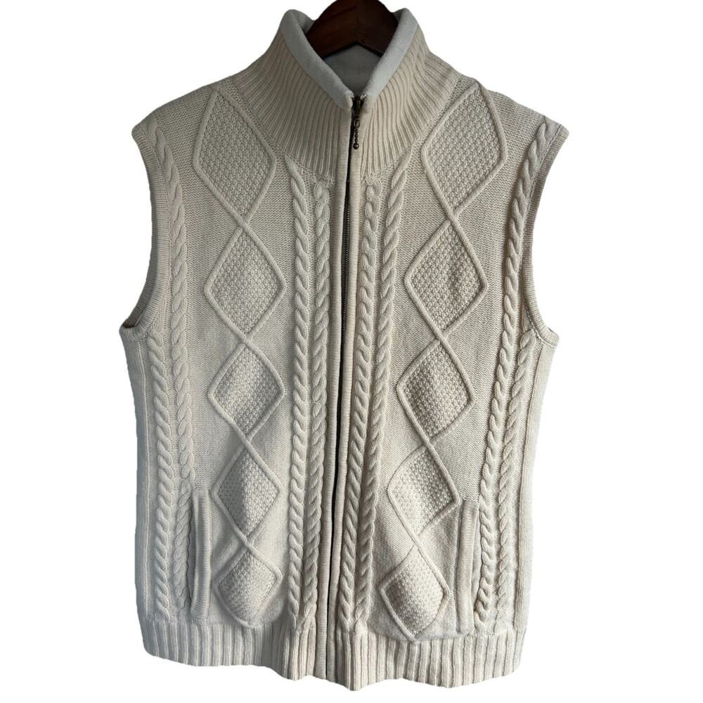 Carraig Donn Ireland Wool Vest Mens L Aran Cable Knit Fleece Zip Lined Cream